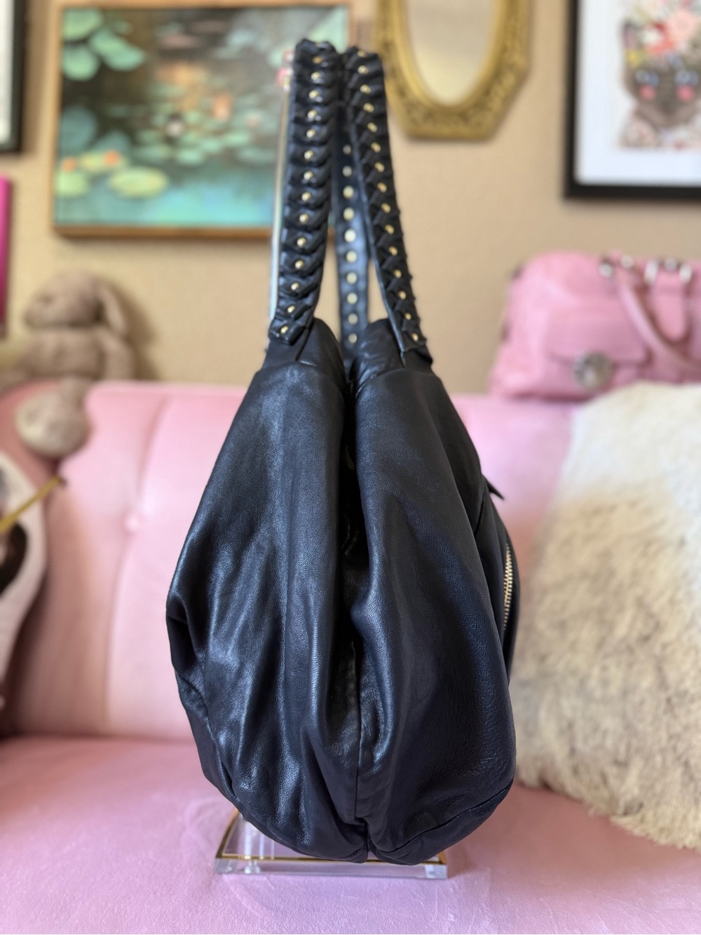 Authentic Diane Von Furstenburg SOFT Blk Leather Hobo Stud-Detail Origami Straps - Picture 4 of 16